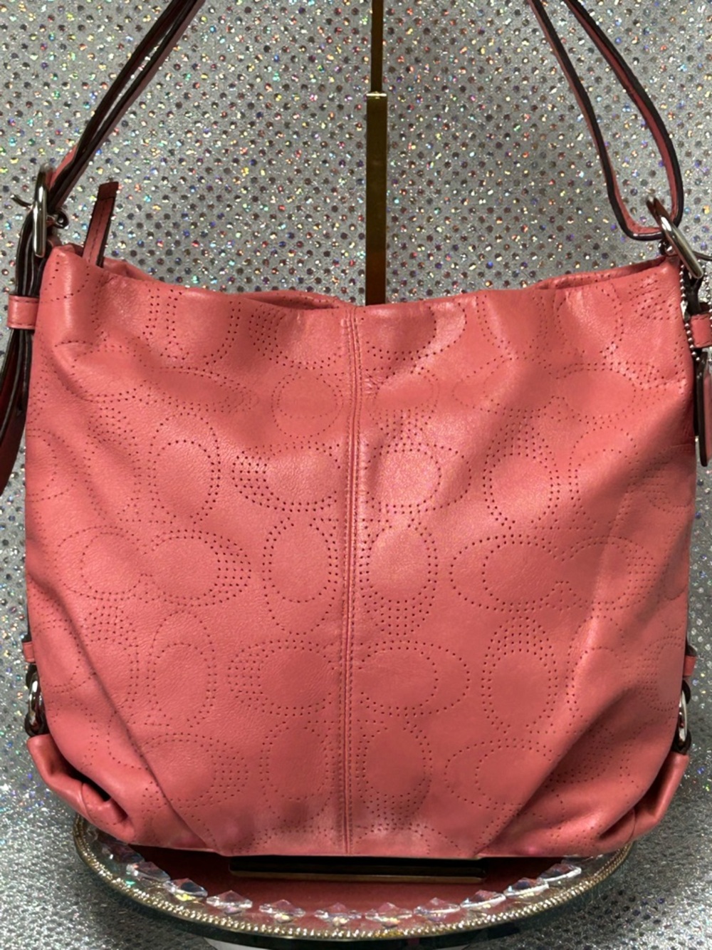 Coach Coral Perforated Leather Shoulder Bag Approx. 14 x 12 x 4